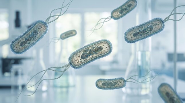 Microscopic 3D illustration of rod-shaped bacteria with flagella, pathogens or probiotics concept