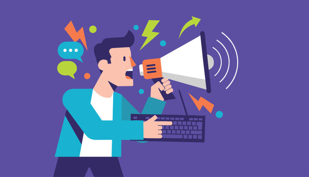 Aggressive online user yells through a megaphone while typing on a keyboard to spread misinformation.