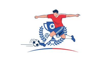 Fototapeta premium Professional soccer player in a red jersey kicking a ball with a championship trophy and laurel wreath in the background.