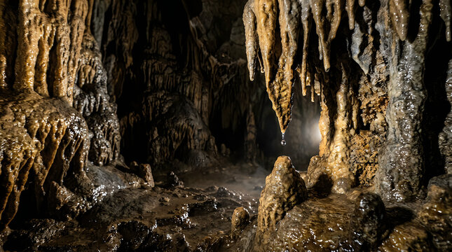 Stalactites and stalagmites inside a dark underground cave