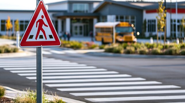 Pedestrian Crossing Sign with School Bus in Background - Public Safety.