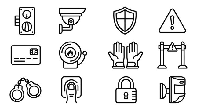 Security Icons Set: Lock, Camera, Shield, Alarm, Fingerprint, Handcuffs, Credit Card