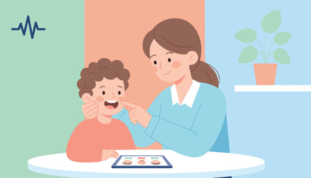 Speech pathologist or child therapist helping a young boy identify facial emotions using a tablet in a clinic.