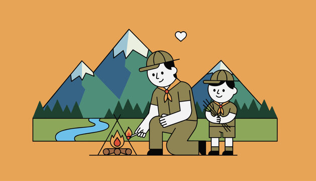 Dedicated boy scout leader lighting a campfire with a young scout holding twigs against a mountain landscape.