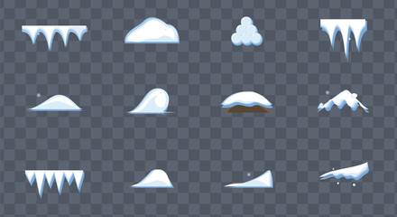 Winter snow cap drifts and icicles flat vector icon collection set isolated on transparent dark checkered background graphic resource © MdHamidul