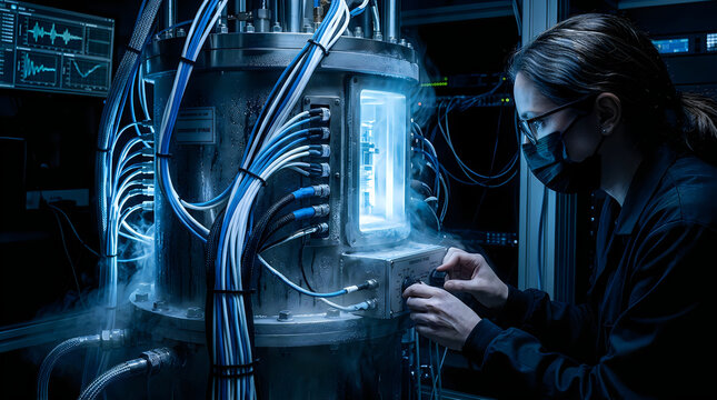 Scientist working with complex laboratory equipment in dark lab