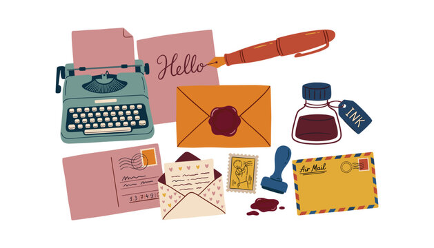 Vintage stationery vector elements set featuring typewriter envelopes wax seal ink bottle pen postage stamps and airmail letter