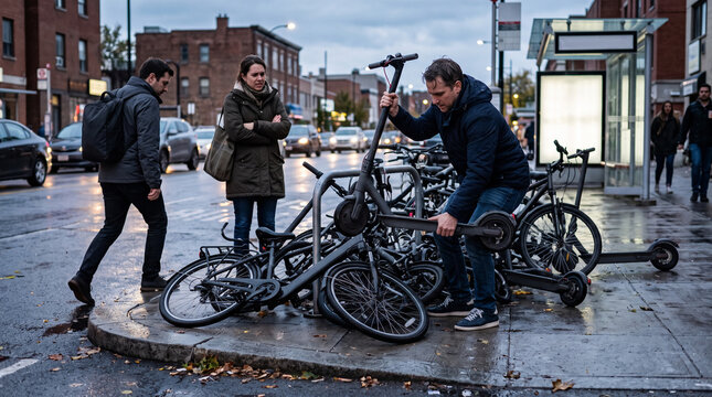 Shared Micromobility Pileup Near Bus Stop Creates Daily Street Friction