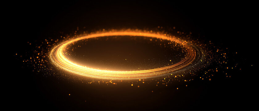 Golden glowing light ring with shimmering spark particle, cosmic neon circular border frame on black background