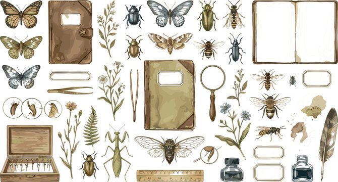 Vintage entomology watercolor collection element set with insects notebooks and research tools