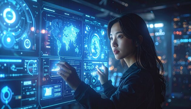 An intelligent Asian woman operates a glowing futuristic digital interface with global data, evoking a powerful sense of advanced technology, innovation, and strategic control.
