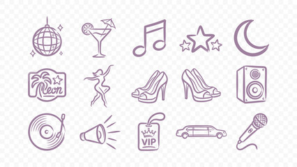 Fototapeta premium nightlife and disco doodle calligraphy style handmade ink scribble flat vector illustration icon bundle set calligraphy drawing design line art elements for club music
