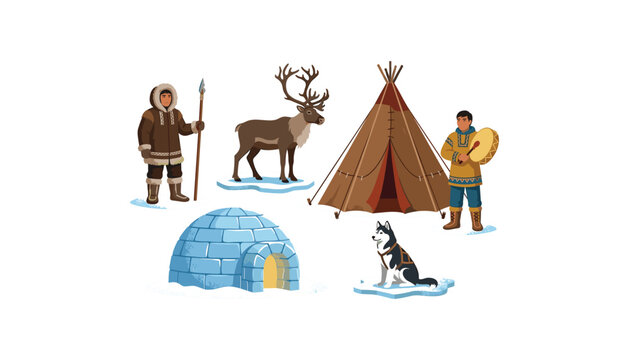 Arctic indigenous people elements set featuring chukchi characters igloo tent deer husky dog and traditional drum vector illustration