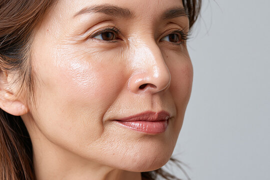 Close up portrait of middle aged Japanese woman with natural skin texture and subtle smile, soft lighting highlighting fine lines and healthy glow