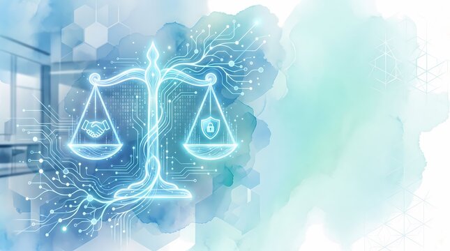Conceptual illustration of digital ethics and balance, featuring scales of justice integrated with circuit board patterns, representing data security and fair technology.