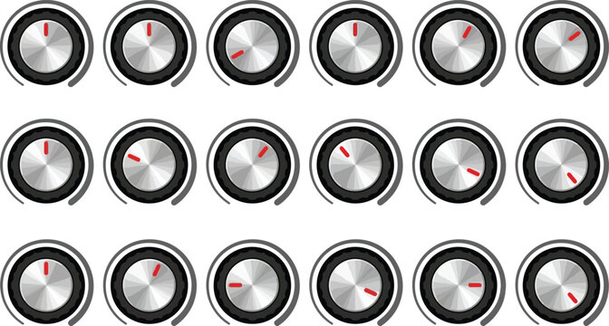 A collection of diverse round volume control knobs and rotary dials in various positions, meticulously isolated on a clean white background for audio equipment interface design and tuning.