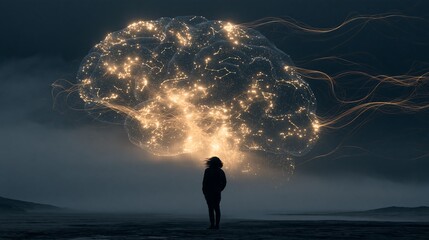 Obraz premium Silhouette of a Person Standing in Mist Looking Up at a Giant Glowing Brain with Neural Network Connections and Trailing Light Fibers.