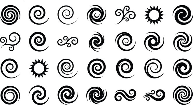 Set of black abstract swirl and spiral icon shapes, including decorative twirl elements, wind waves, and sun silhouettes isolated on white.
