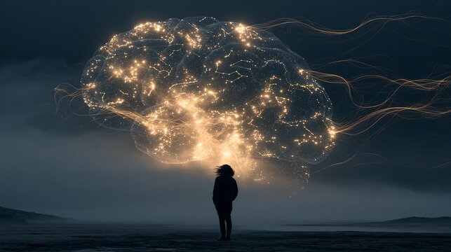 Silhouette of a Person Standing in Mist Looking Up at a Giant Glowing Brain with Neural Network Connections and Trailing Light Fibers.