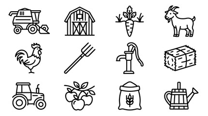 Farm Icons Set: Tractor, Barn, Combine, Goat, Rooster, Pitchfork, Water Pump, Hay Bale © dinny