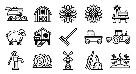 Farm Icons Set: Tractor, Barn, Sheep, Sunflower, Hay, Windmill, Plants, Crops © dinny