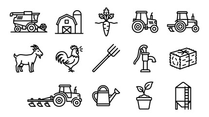 Farm Icons Set: Agriculture, Animals, Crops, Equipment, and Tools © dinny
