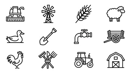 Farming Icons Set: Tractor, Barn, Harvester, Windmill, Sheep, Rooster, Duck © dinny