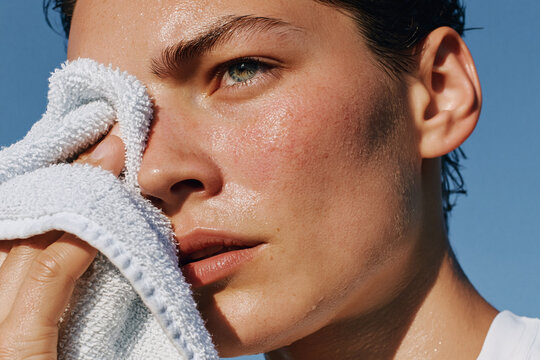 Young runner wiping sweat with towel, close up sweaty face, green eye, sunlit skin, flushed cheek, athletic recovery, focused expression