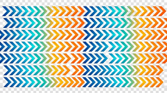 Geometric chevron arrow pattern, colorful gradient directional graphics, vibrant blue and orange repeating arrow texture on transparent background