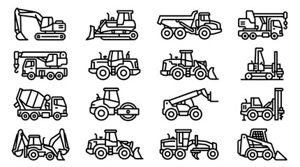 Construction Heavy Equipment Icons Set: Excavator, Bulldozer, Crane, Truck, Loader, Roller © dinny