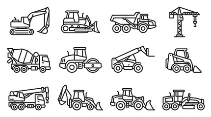 Heavy Construction Vehicles Set - Line Art Icons © dinny