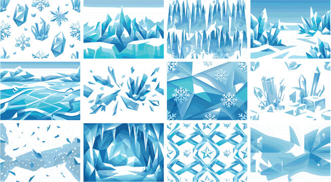 Abstract geometric crystal ice and winter frost textures vector seamless pattern set