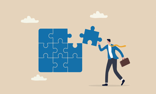 Complete jigsaw, solution connection for business achievement, challenge and accomplishment concept, businessman complete last missing jigsaw puzzle piece