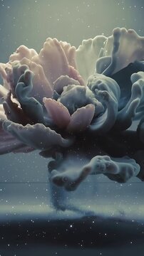 Vertical video: Bursting pale plumes from center in tank, forming petals with warm orb and sparkles