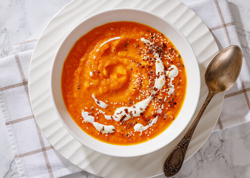 spiced sweet potato soup in a white bowl