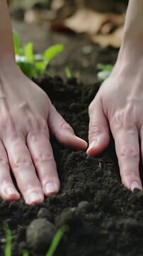 Vertical video: Pressing hands smoothing soil in garden bed, preparing for planting with seedlings