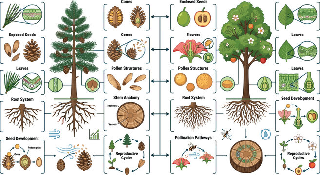 Gymnosperm and angiosperm plant biology comparison diagram chart vector infographic element set