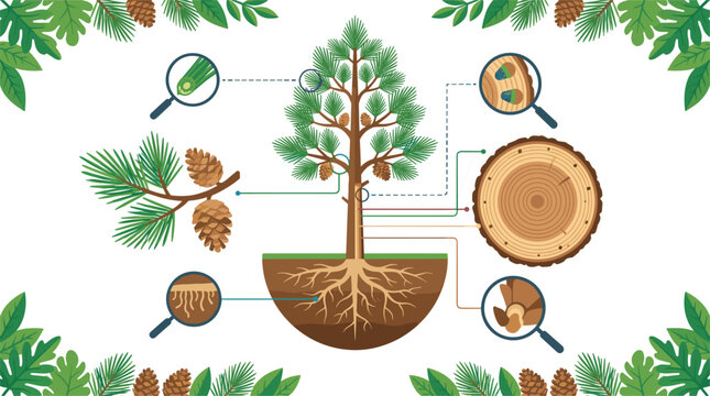 Pine tree anatomy diagram chart with roots trunk cross section and pinecones
