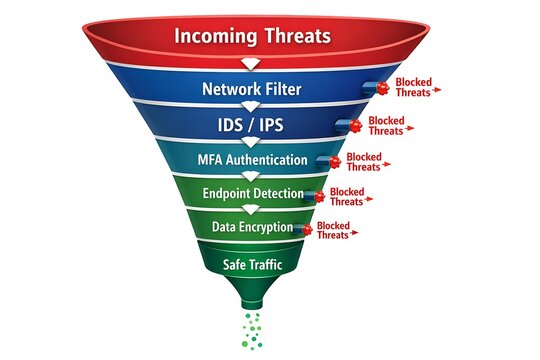 Cybersecurity Funnel Diagram: Multi-Layered Protection Against Incoming Threats