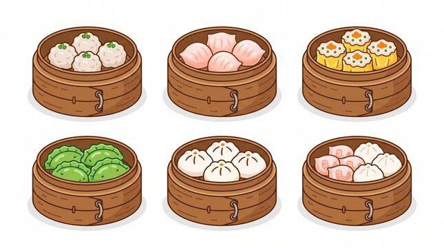 Traditional Chinese Dim Sum Assortment in Bamboo Steamers Illustration