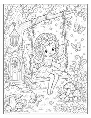 Naklejka premium Whimsical Fairy In Blooming Garden Printable Coloring Page