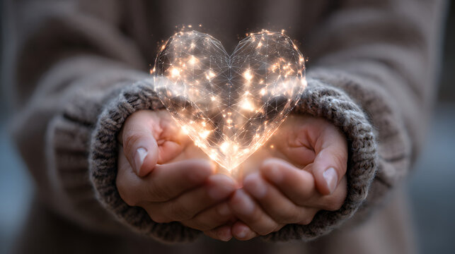 Hands holding glowing digital heart isolated on transparent background for love and technology