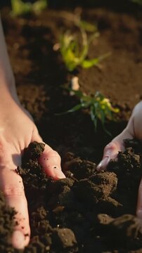Vertical video: Reaching bare hands cradling seedling in garden bed, loosening soil, securing roots