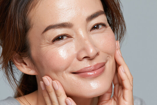 Radiant middle aged Japanese woman gently touching glowing moisturized face with closed smile and natural makeup, skincare concept and calm expression