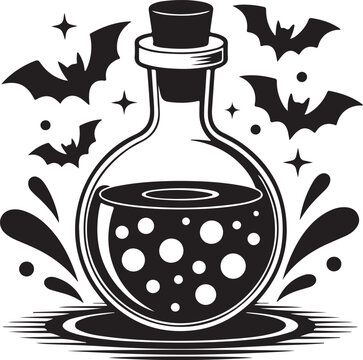 Halloween potion bottle with bats and stars, magical elixir in round flask, spooky liquid with bubbles, mystical liquid, witch drink, vector illustration.