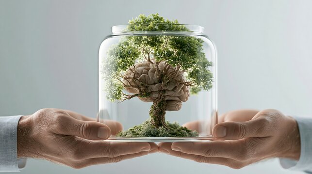 Hands Holding a Glass Jar containing a Tree Shaped Like a Human Brain - Mental Health and Psychology Concept