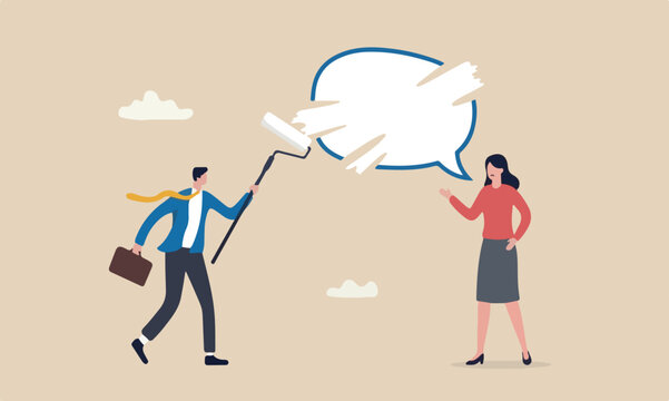 Right speak opponent opinion, government and politics concept, mystery man using paint removing or censor woman speech bubble
