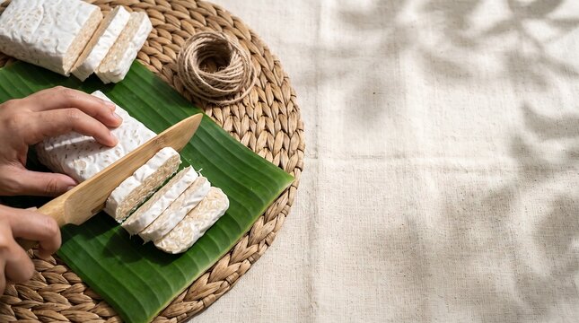 Person slicing raw tempeh on banana leaf for healthy vegan cooking