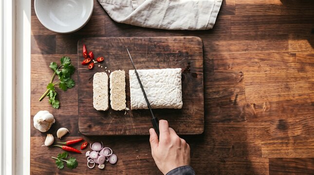 Top view of hand slicing raw organic tempeh on a wooden board with spices