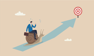 Slow, unproductive or efficiency concept, tried businessman riding snail slow walking on arrow to reach target © Parul